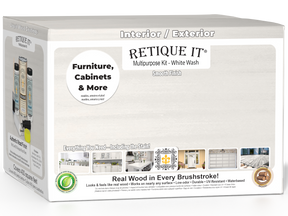 Retique It® Multi-purpose Smooth Finish Kit with four large white wash exterior top coats in a box, designed for wood finishing.