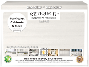 Retique It® Multi-purpose Smooth Finish Kit in white wash, 4-piece wood finish set with applicators and tools on the box.