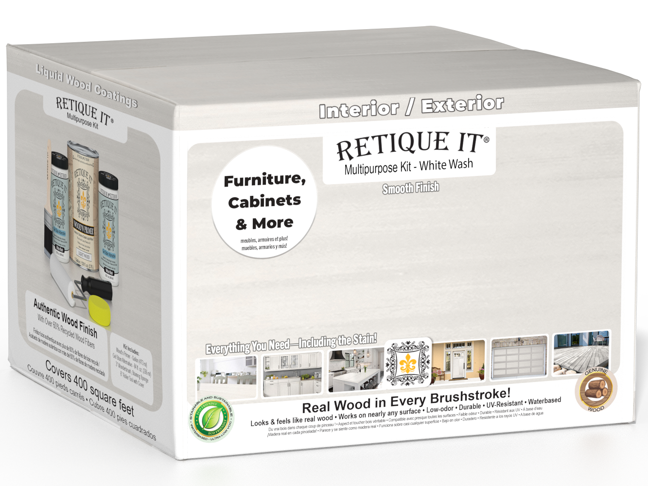 Retique It® Multi-purpose Smooth Finish Kit in white wash with four large wood finishing tools and accessories in a box.