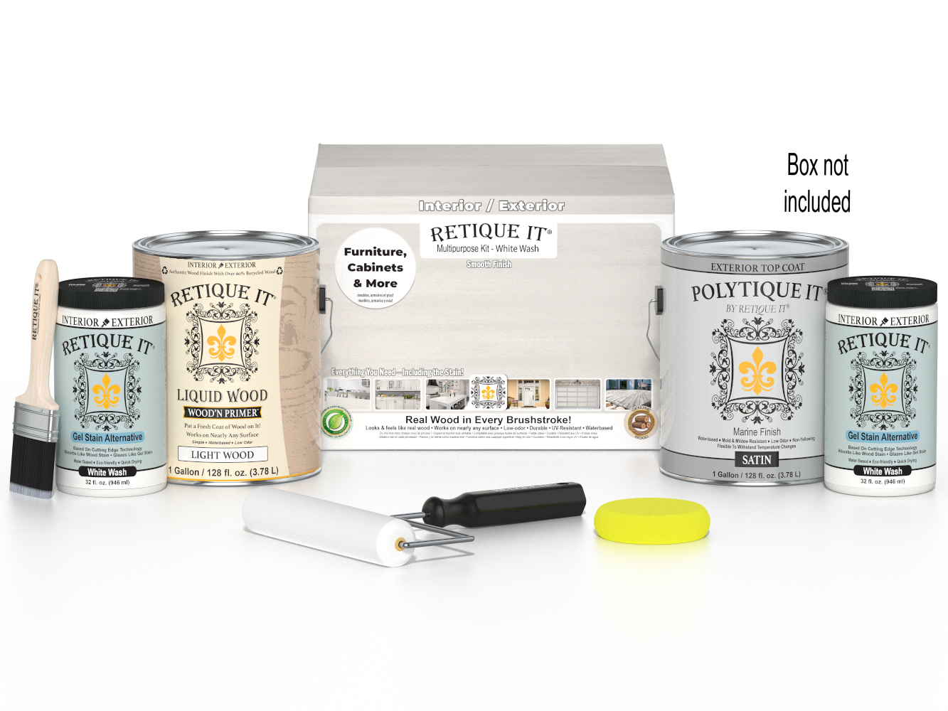 Retique It® Wood'n Finish Kit with four large white wash exterior top coats for smooth wood finishing.