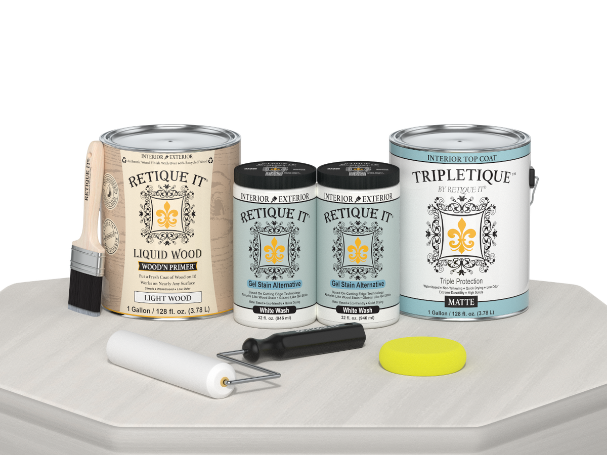 Retique It® Multi-purpose Smooth Finish Kit in white wash for interior wood top coating, includes four large bottles with matte finish.