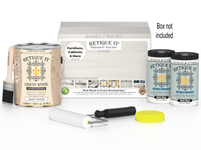 Retique It® wood finish kit with four large white wash smooth finish wood stain bottles on a white background