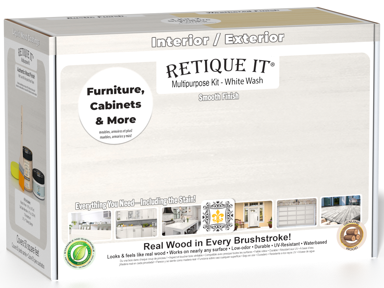 Retique It® Multi-purpose Smooth Finish Kit (Med) in White Wash for interior wood projects, includes top coat and matte finish.