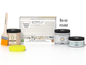 Retique It® wood finish kit with white wash exterior top coat, including brushes and tools for smooth, multi-purpose wood finishing.