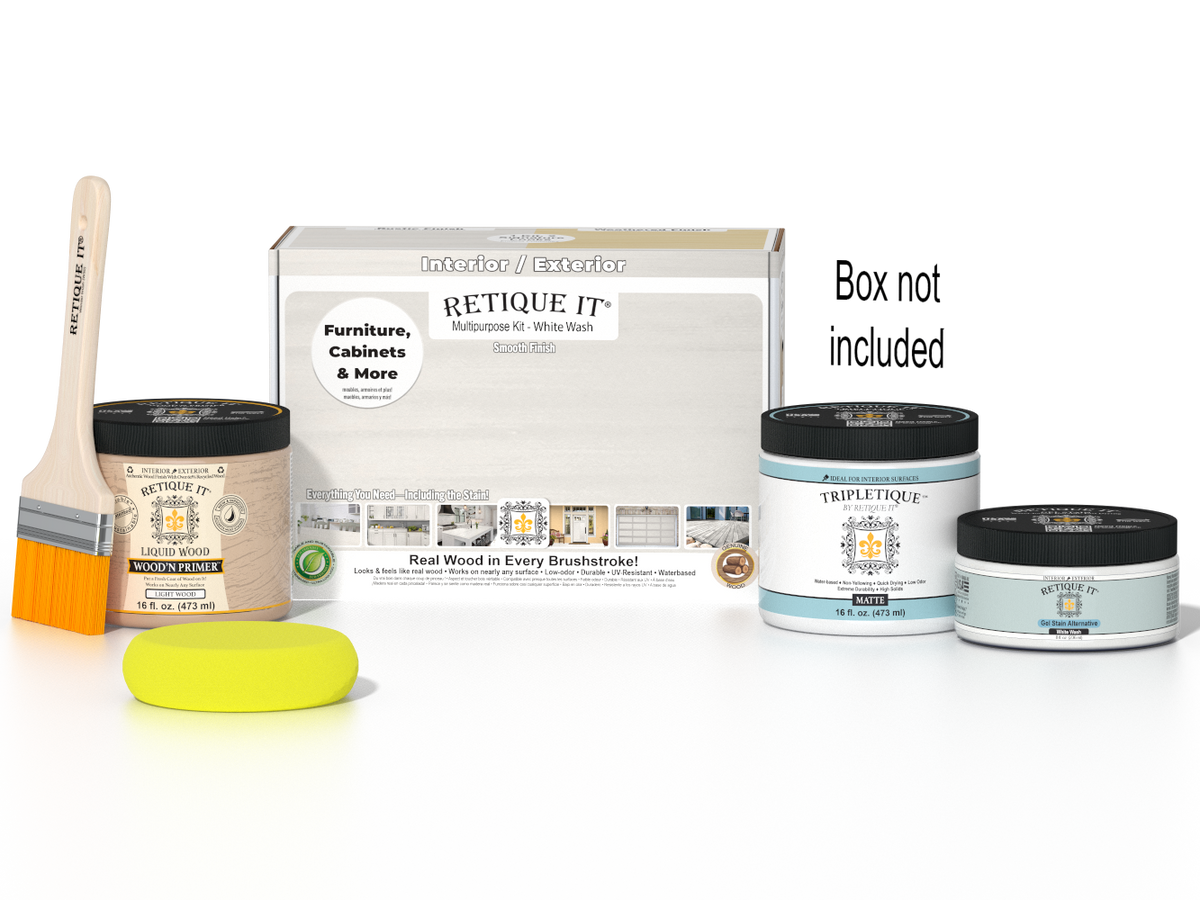 Retique It® Multi-purpose Smooth Finish Kit in white wash for interior wood, featuring a matte top coat and wood finish components.