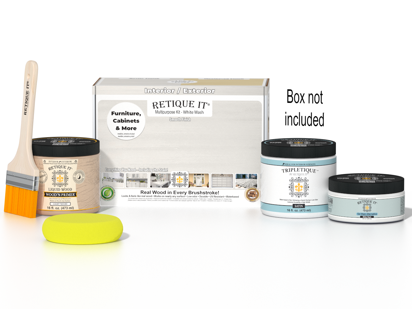 Retique It® Multi-purpose Smooth Finish Kit (Med) in White Wash for interior wood projects, includes top coat and application tools.