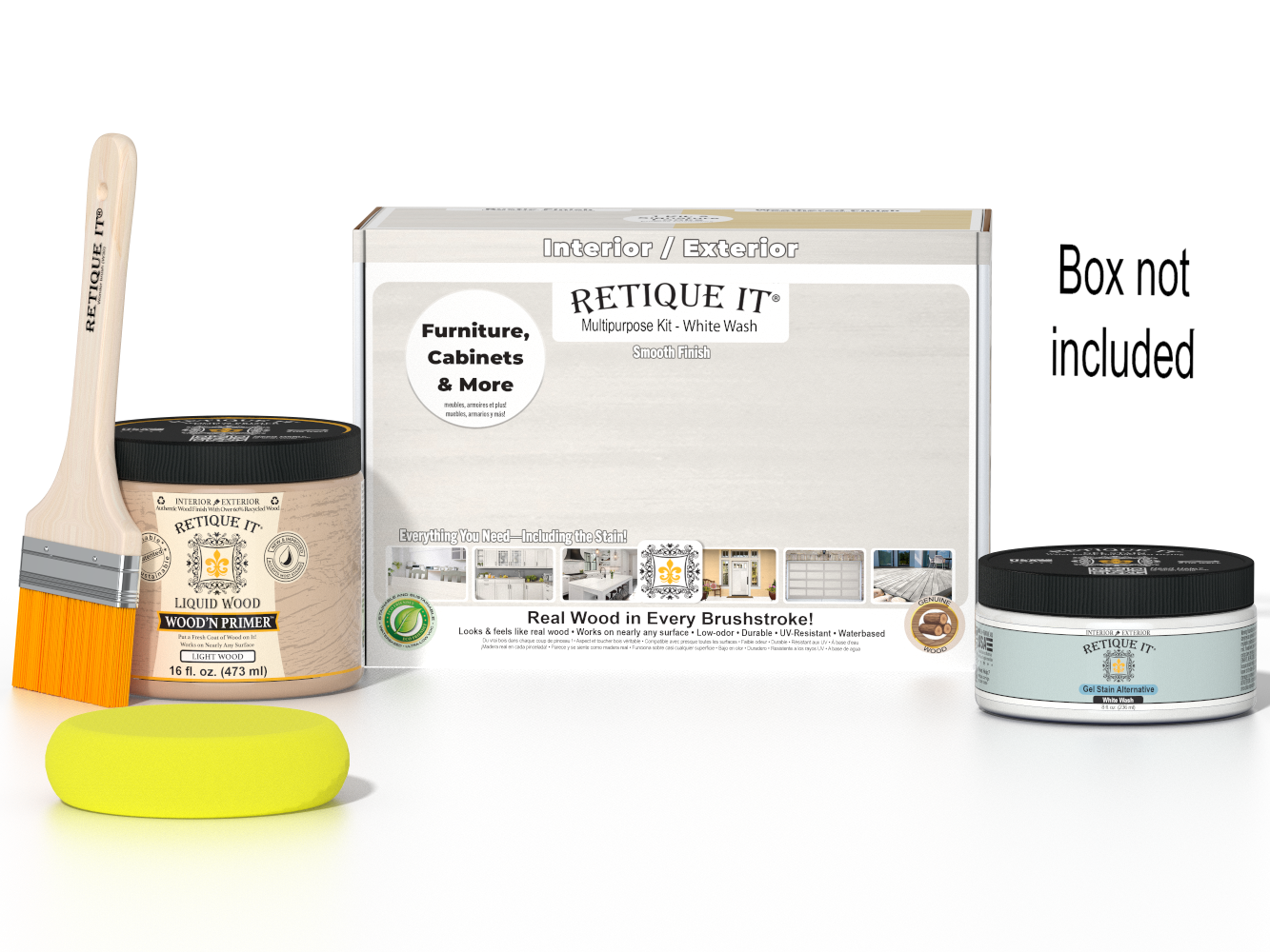 Retique It® Multi-purpose Smooth Finish Kit in White Wash for wood furniture, includes brushes and finishing tools.