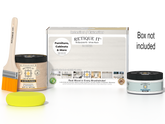 Retique It® Multi-purpose Smooth Finish Kit in White Wash for wood furniture, includes brushes and finishing tools.