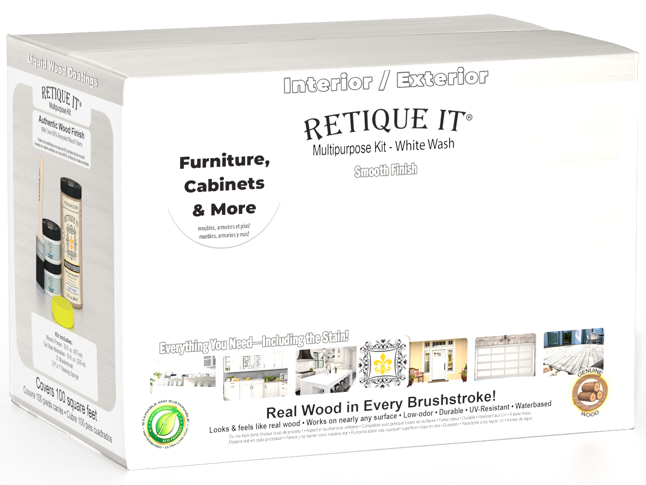 Retique It® large Multi-purpose Smooth Finish Kit in White Wash with exterior top coat and matte finish for wood surfaces.