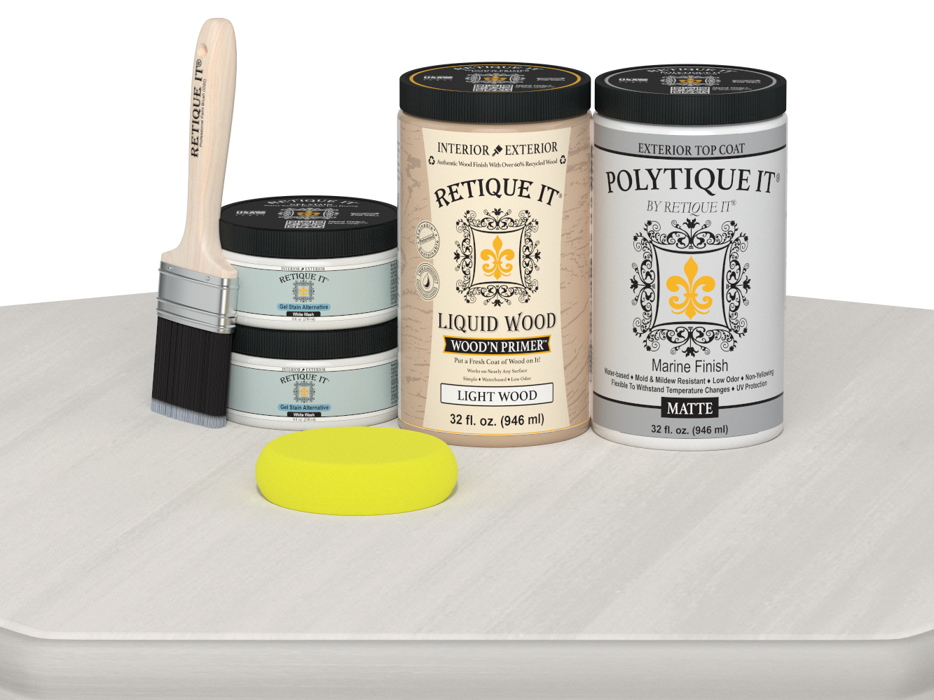 Large White Wash exterior top coat from Wood'n Finish Kits by Retique It® in smooth matte finish, shown in a wooden table application.