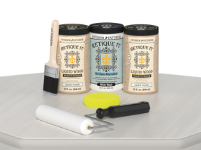 Retique It® Wood'n Cabinet Kit with 24 white wash stained, smooth cabinet doors and table surface for DIY furniture projects.