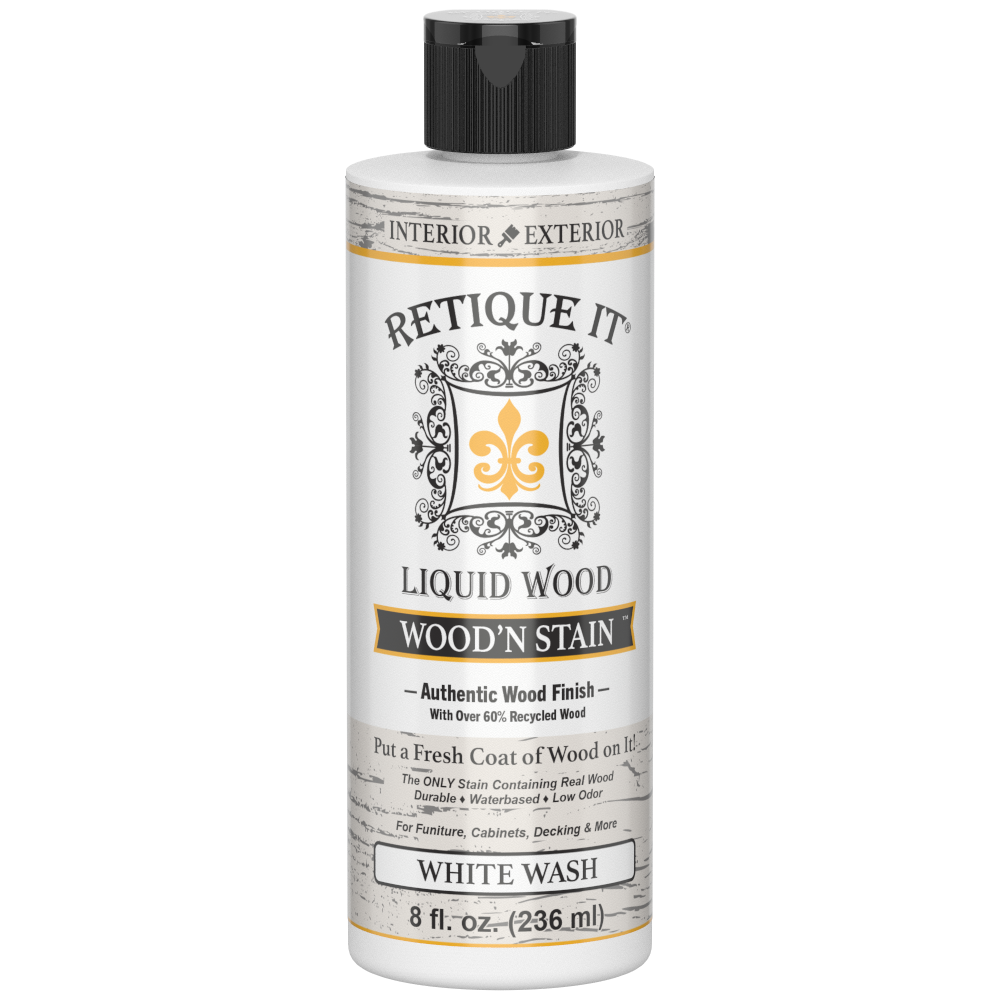 Retique It Liquid Wood Wood'n Stain 8 oz White Wash stain applied to wood surface, showcasing light, whitewashed finish.