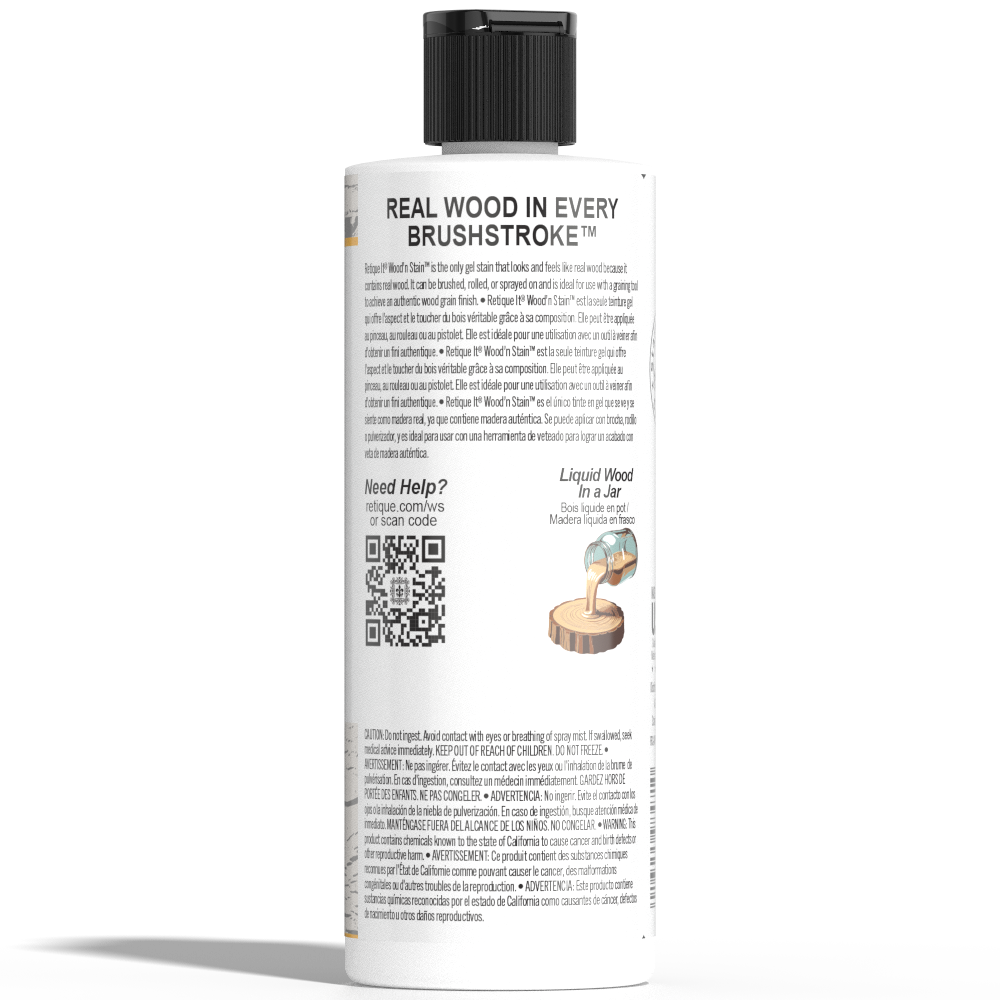 Retique It Liquid Wood Wood'n Stain 8 oz in White Wash, showcasing the stain container with wood finish and product label.