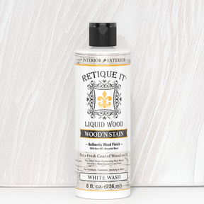 Retique It Liquid Wood Wood'n Stain in 8 oz White Wash, showcasing a wood stain bottle with white wash finish.