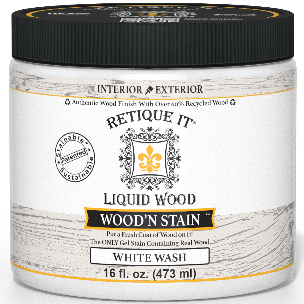 Retique It Liquid Wood Wood'n Stain 16 oz in White Wash, showcasing the stain's light, translucent finish on wood.