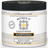 Retique It Liquid Wood Wood'n Stain 16 oz in White Wash, showcasing the stain's light, translucent finish on wood.