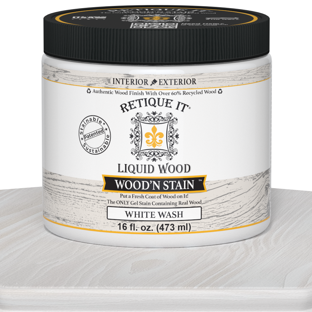 Retique It Liquid Wood Wood'n Stain 16 oz in White Wash showing a container of wood stain product.