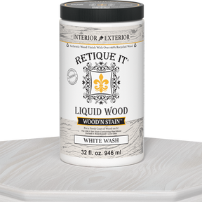 Retique It Liquid Wood Wood'n Stain 32 oz in White Wash showing a container of wood stain with a white wash finish.