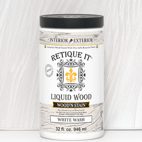 Retique It Liquid Wood Wood'n Stain 32 oz in White Wash showing a can of wood stain with white wash finish.