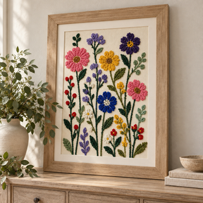 DecoArt Bloom Texture Paint in Gesso Cloud White on wildflower art displayed on a brushed oak console