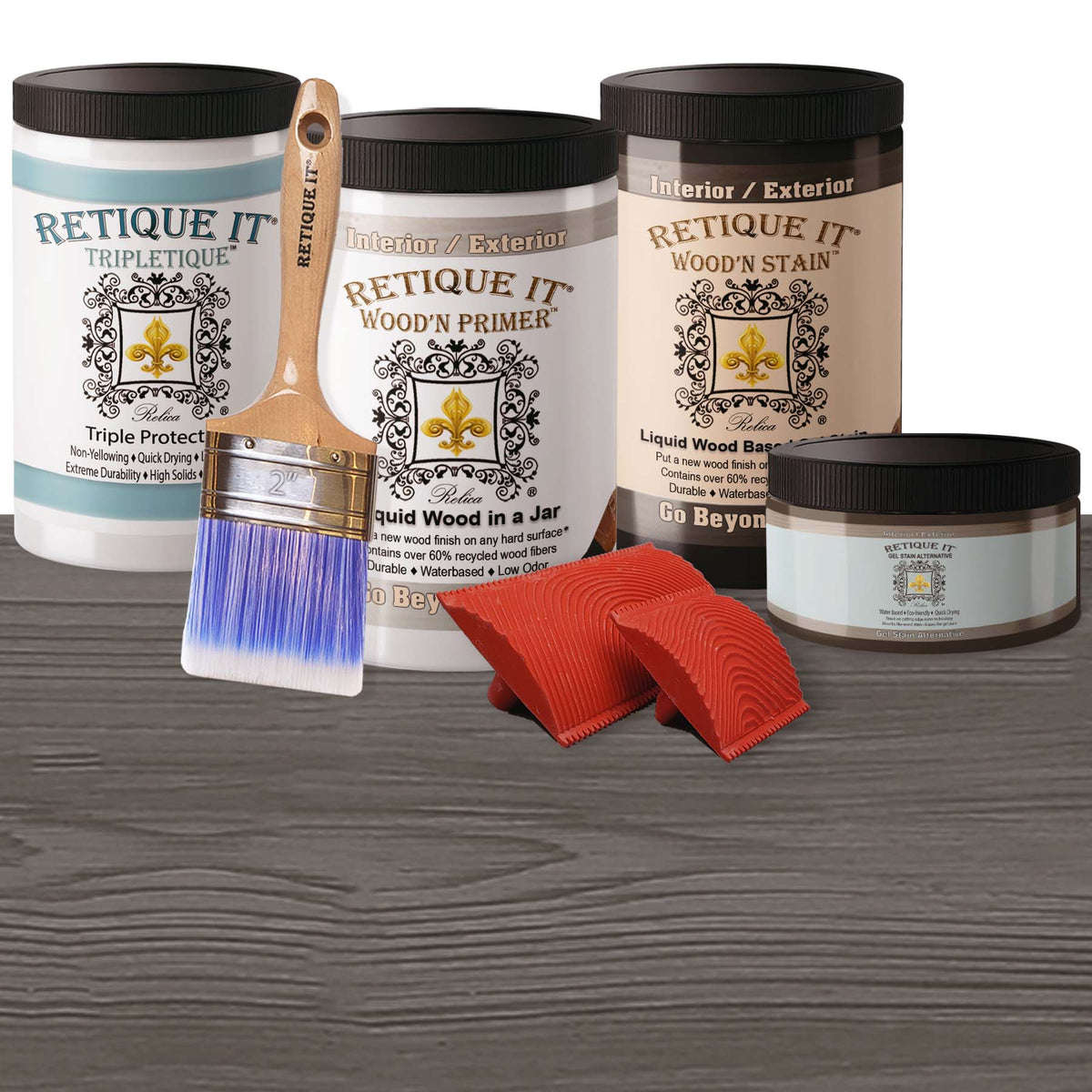 Retique It® countertop kit for full kitchen in Harbor Gray stain, featuring wood surface with gray stain application.