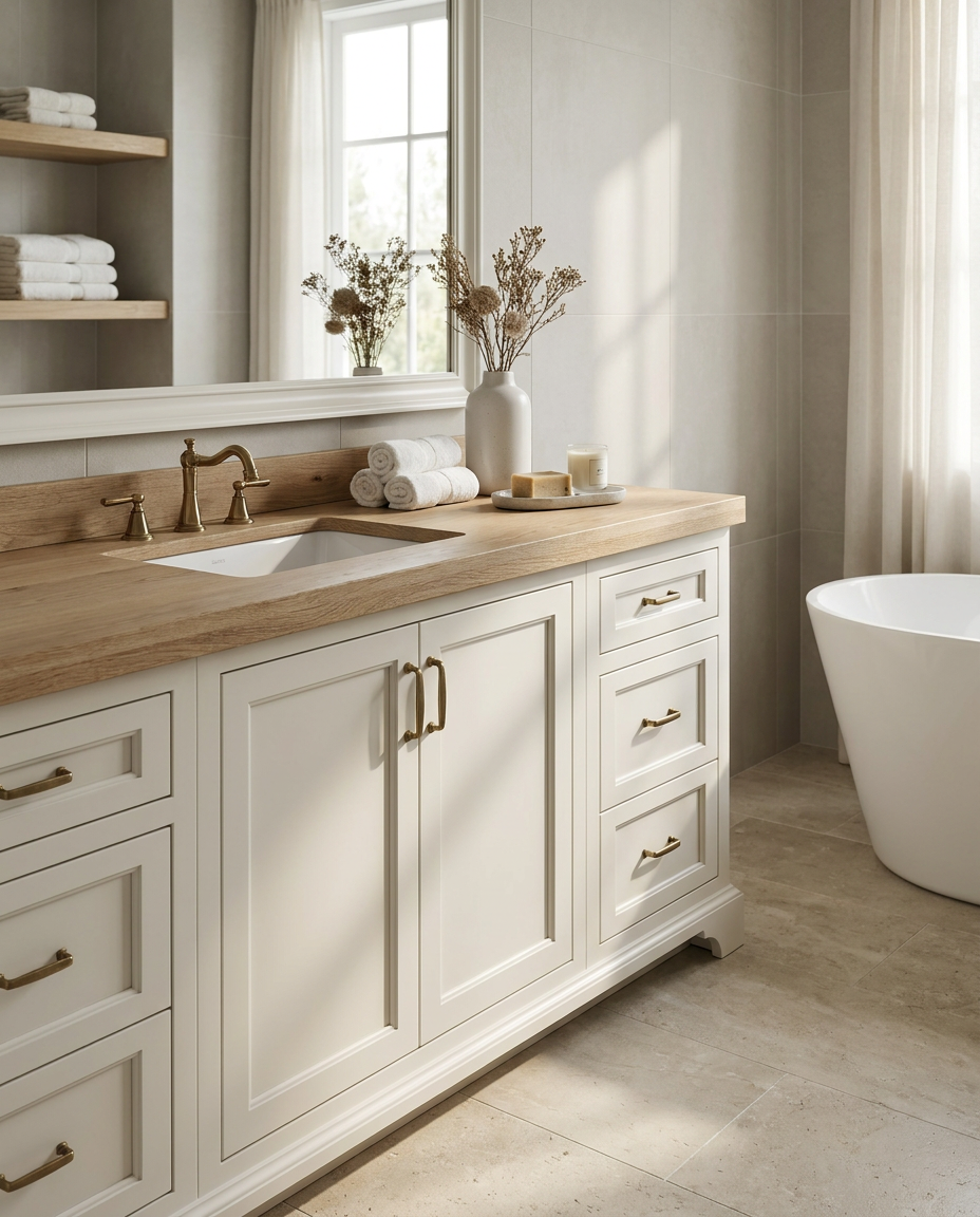 Bathroom with wooden vanity, sink, and bathtub.