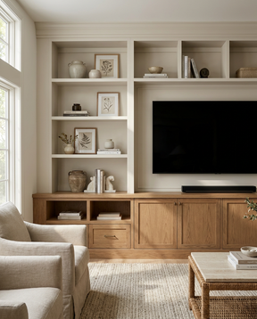 Living room with wooden entertainment center, TV, and decor