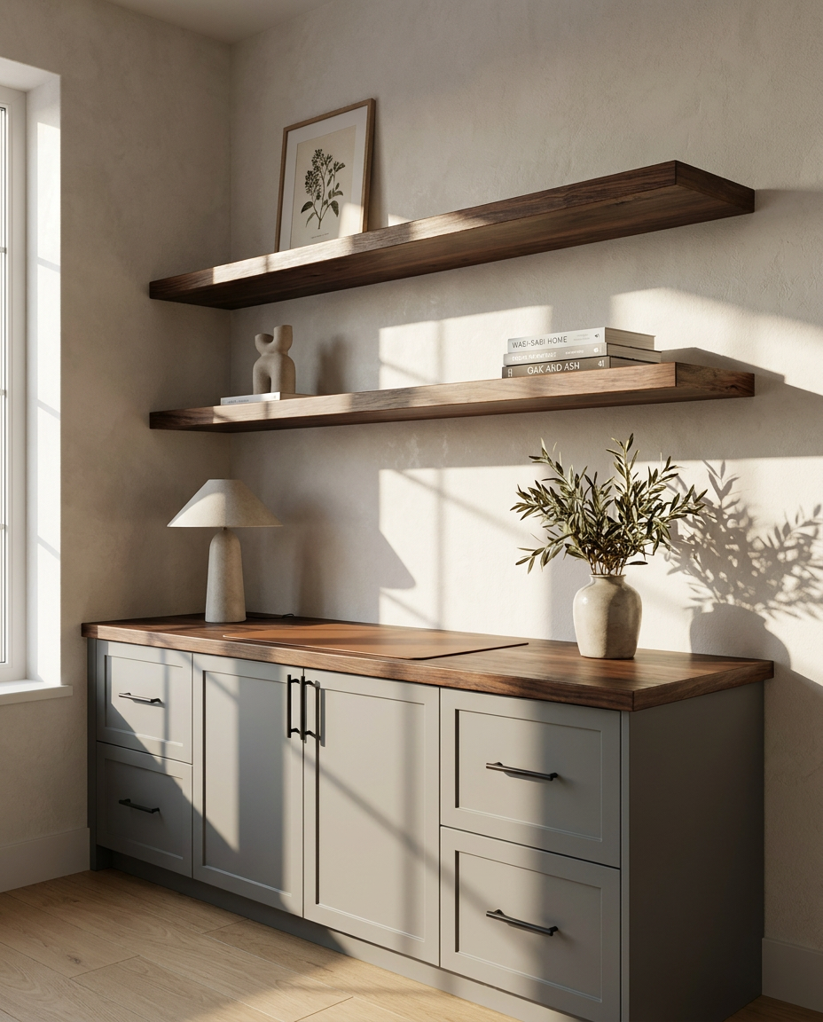Cabinets with wooden countertop and shelves on a wall