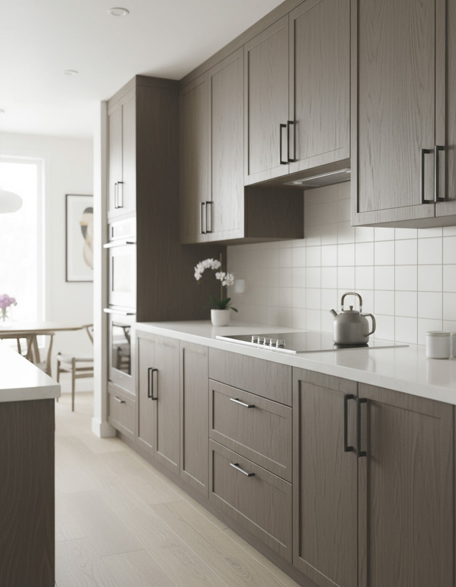 Retique It® Wood'n Cabinet Kit in Charcoal with black walnut grain, showing weathered stained kitchen cabinet doors.