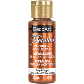 Bright copper metallic paint from DecoArt's Dazzling Metallics line showing a vibrant, shiny copper finish.