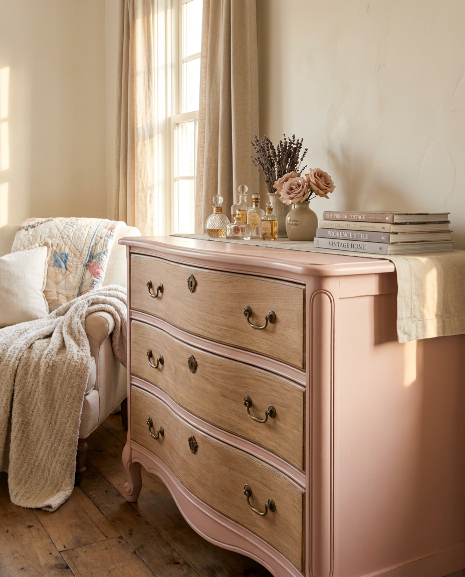 Wooden dresser with decorative items in a bedroom setting