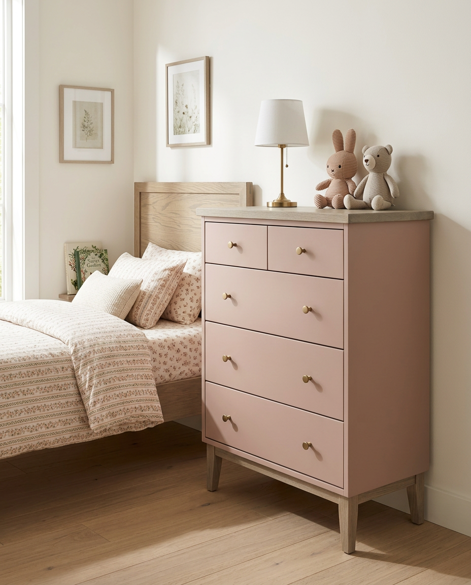 Pink dresser in a bedroom with a bed and decorative items.