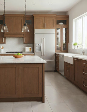 Dark oak weathered Wood'n Cabinet Kit by Retique It® with 24 grained cabinet doors for a stylish kitchen upgrade.