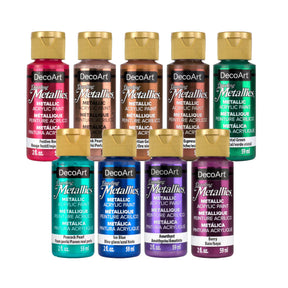 DecoArt Dazzling Metallics acrylic paint set featuring 9 bold metallic colors in 2 fl oz bottles for art and craft projects.