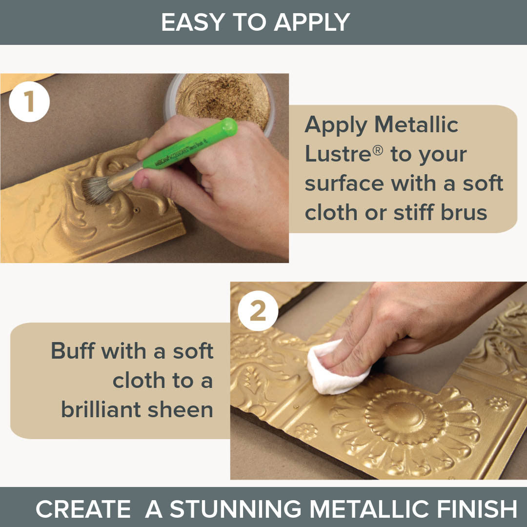 DecoArt Metallic Lustre in Champagne Ice, 1 oz bottle, showcasing the shiny metallic finish on a smooth surface.