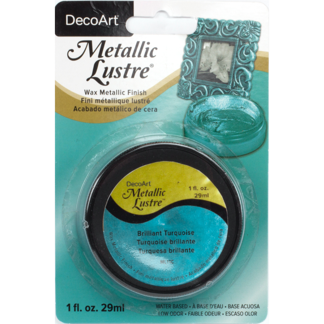 DecoArt Metallic Lustre in Champagne Ice, 1 oz jar showing shiny, metallic gold finish on smooth surface.