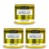 Three bottles of DecoArt Metallics 24K Gold paint featuring shiny gold metallic finish for arts and crafts projects.