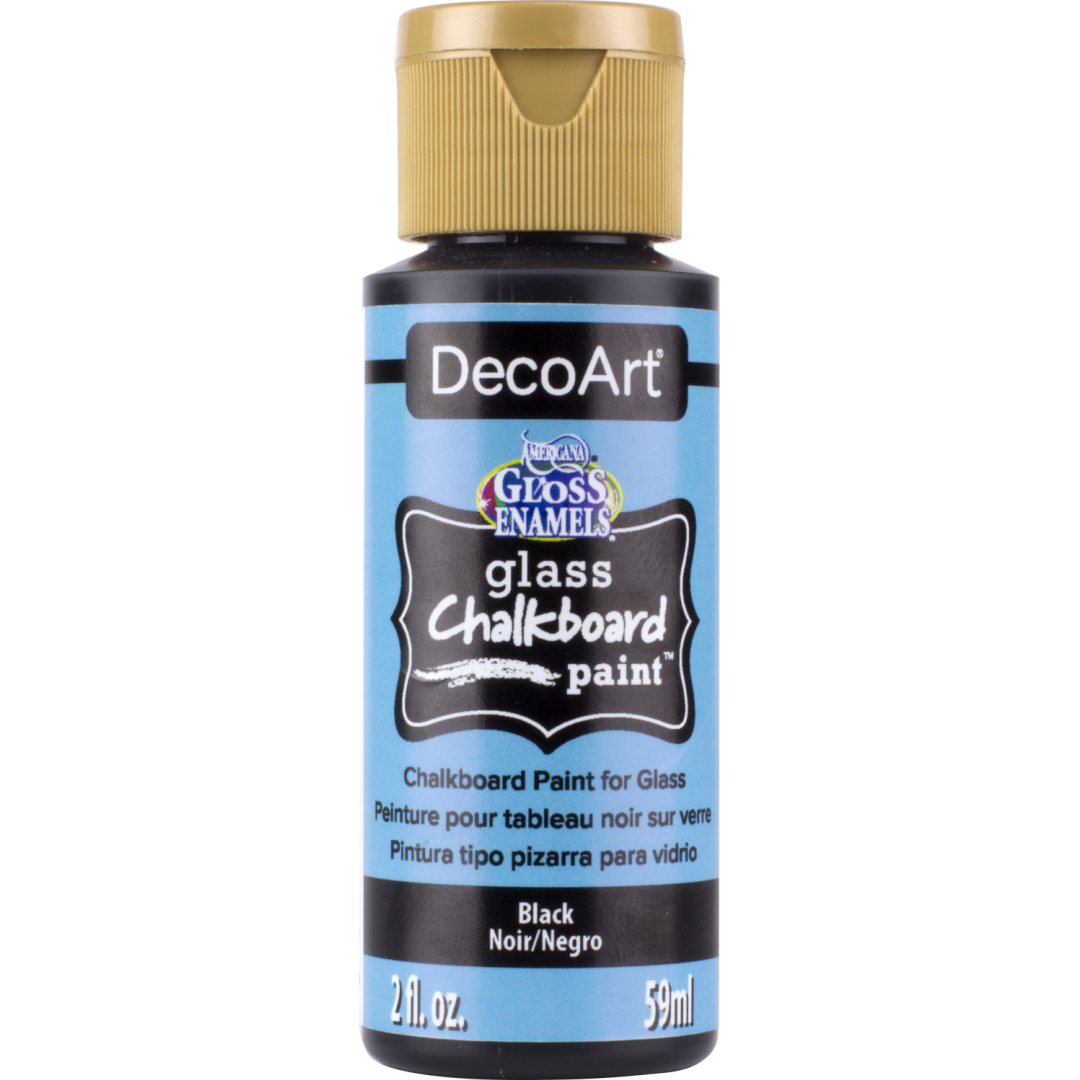 DecoArt Gloss Enamels Glass Chalkboard Paint applied on glass surface, showcasing a smooth, shiny black chalkboard finish.