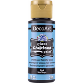 DecoArt Gloss Enamels Glass Chalkboard Paint applied on glass surface, showcasing a smooth, shiny black chalkboard finish.