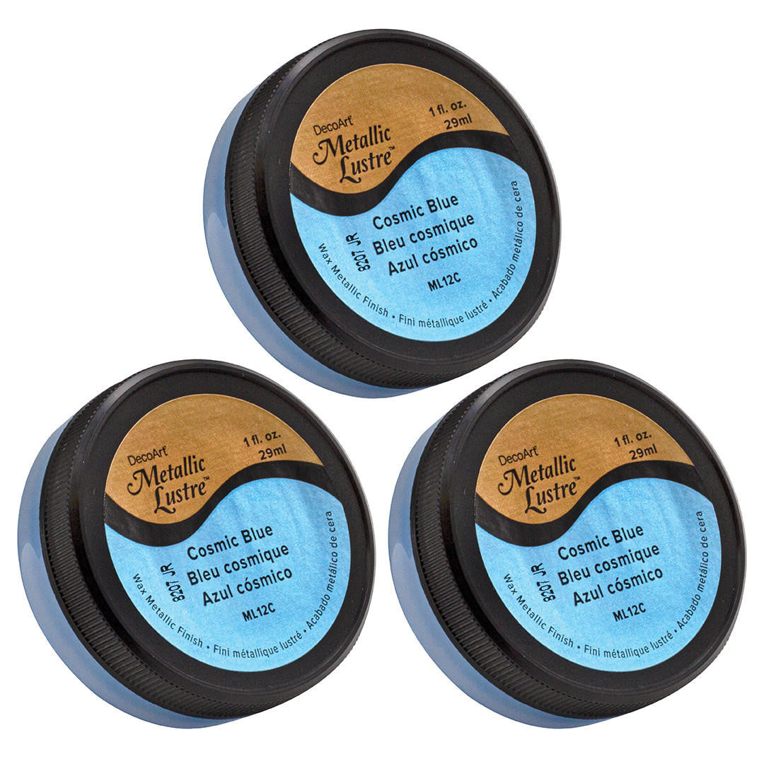 Three bottles of DecoArt Metallic Lustre Cosmic Blue metallic paint in a 3-pack, showcasing their shiny, shimmering blue finish.