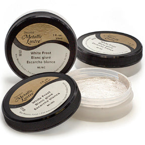 Three bottles of DecoArt Metallic Lustre White Frost paint in a 3-pack, showing the shimmering metallic finish and frosted appearance.