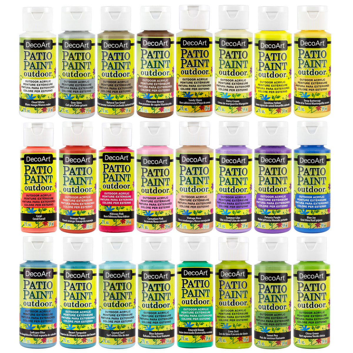 DecoArt Pastel Patio Paint outdoor paint set with 24 vibrant pastel colors for outdoor furniture and surfaces.