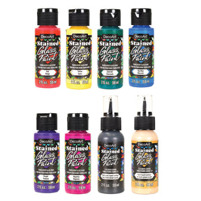 Rainbow stained glass paint set by DecoArt featuring vibrant colors and glass painting supplies for creative art projects.