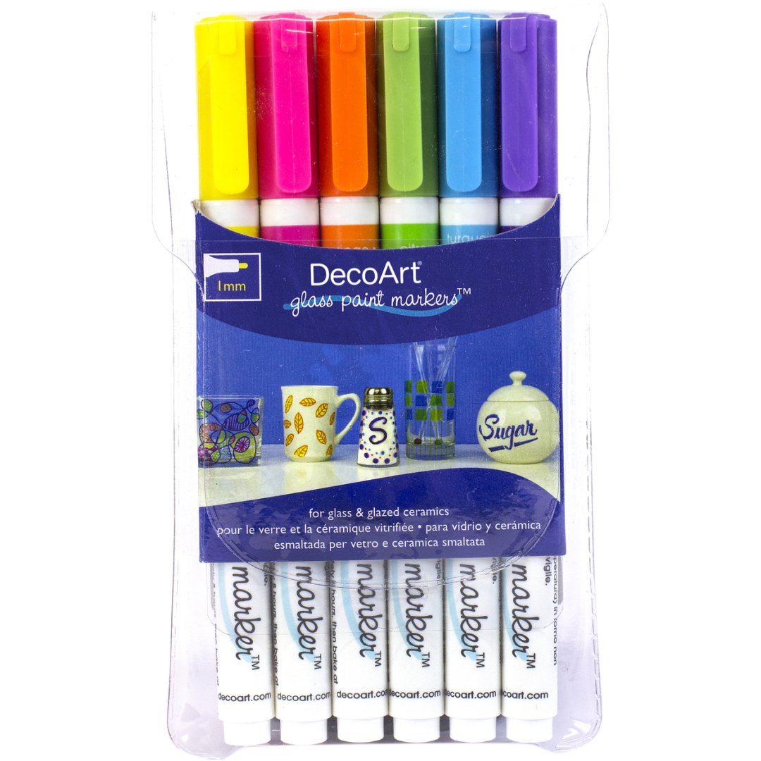 Fuchsia transparent glass paint markers by DecoArt with fine tips for detailed decorating on glass surfaces