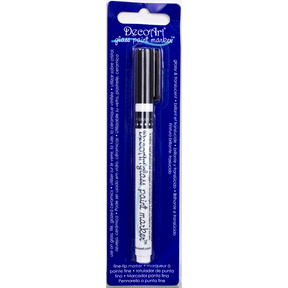 Fuchsia DecoArt transparent glass paint markers with fine tips for decorating and writing on glass surfaces.