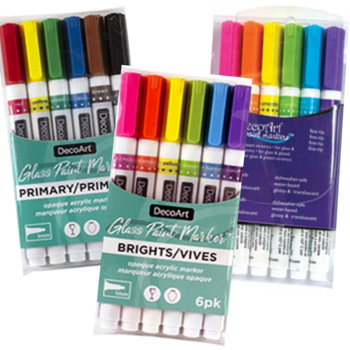 Set of six DecoArt glass paint markers with vibrant ink for decorating and customizing glass surfaces.