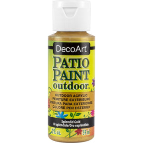 DecoArt Patio Paint outdoor acrylics in Glorious Gold metallic color, 2 oz bottle with metallic finish on a painted surface.
