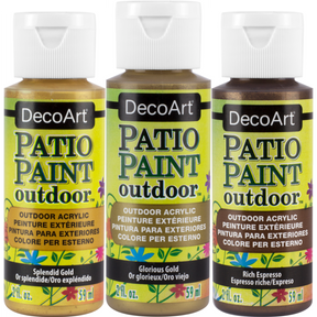 DecoArt Patio Paint outdoor acrylics in Glorious Gold metallic finish, 2 oz bottle, suitable for outdoor craft projects