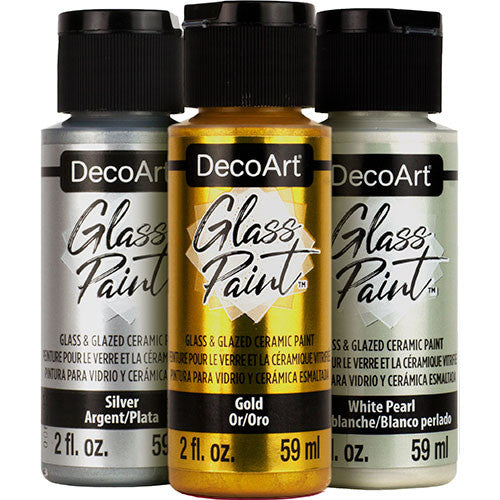 DecoArt Metallics Glass Paint in gold, 2 oz bottle, for decorating and adding metallic shine to glass surfaces.