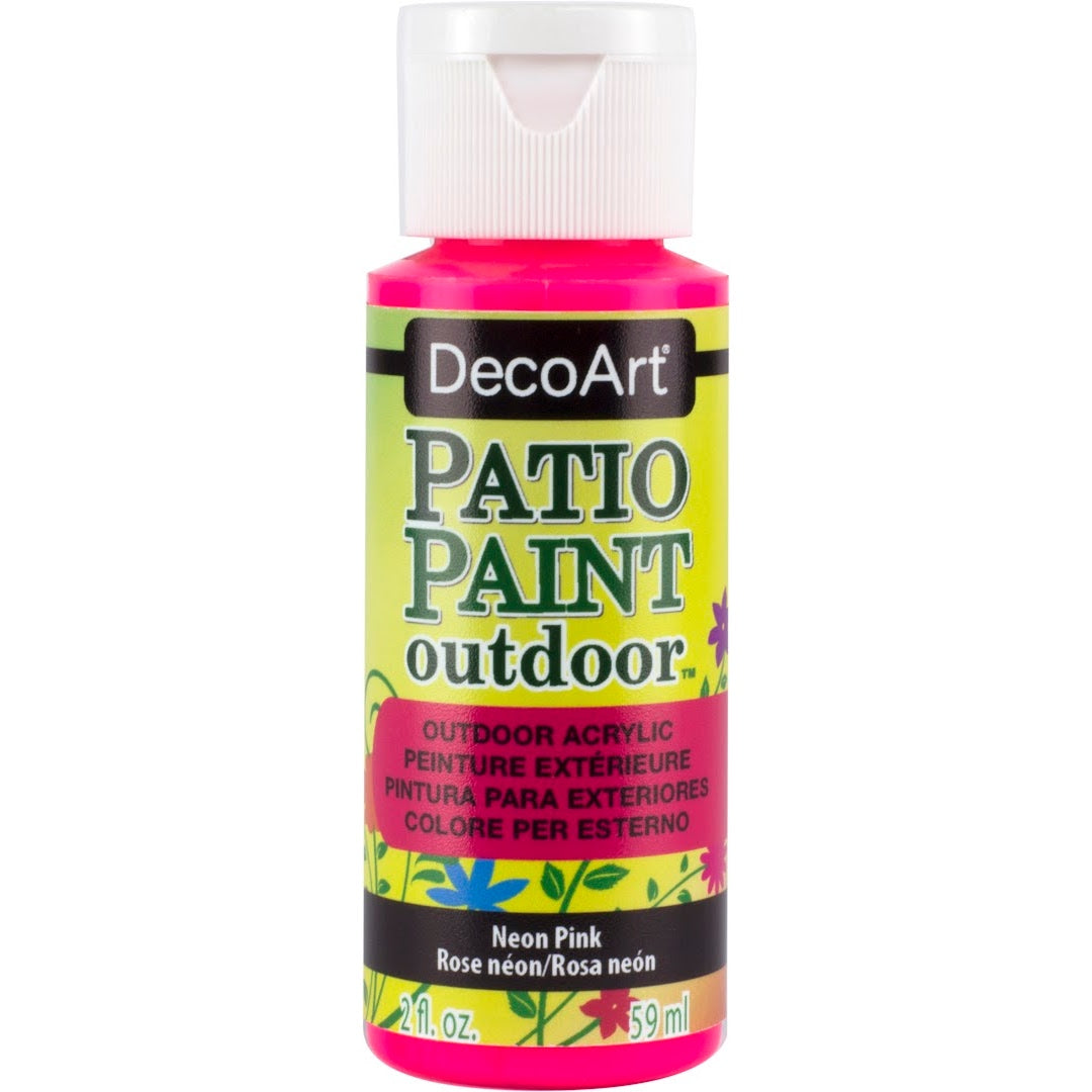 DecoArt Patio Paint outdoor acrylic neon pink paint in 2 oz bottle, suitable for outdoor craft projects and vibrant decorating.